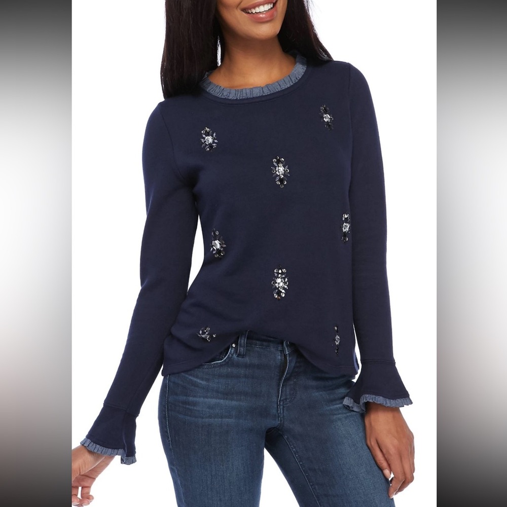 Crown & Ivy Novel Navy Bead Embellished Denim Ruffle Trim Sweater